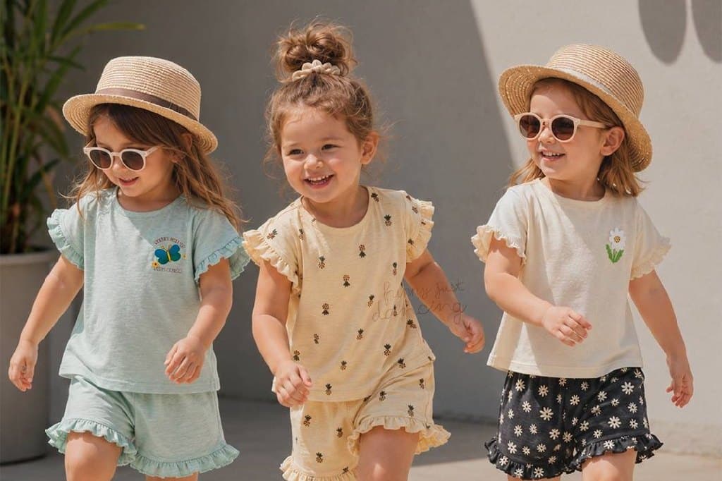 Three girls in summer two-piece sets from the new Bobonchik collection