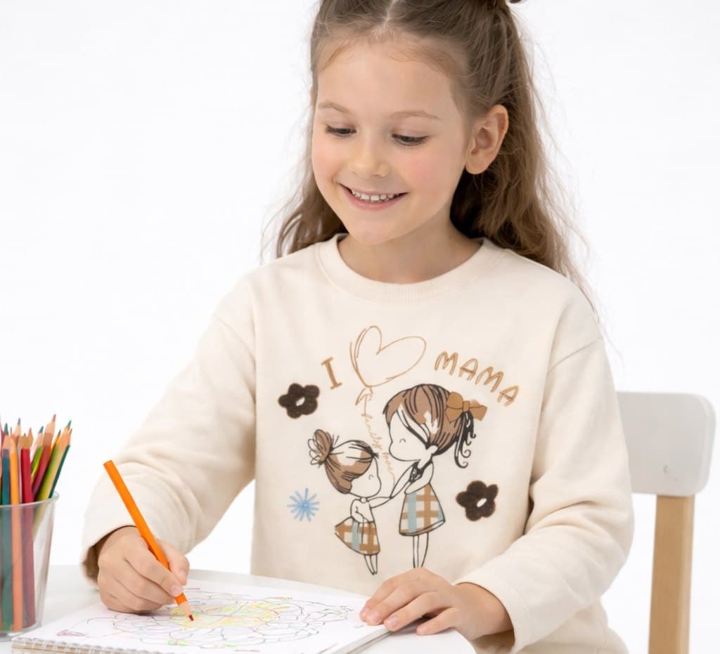 Girl drawing at a table in a Bobonchik “I love mama” sweatshirt