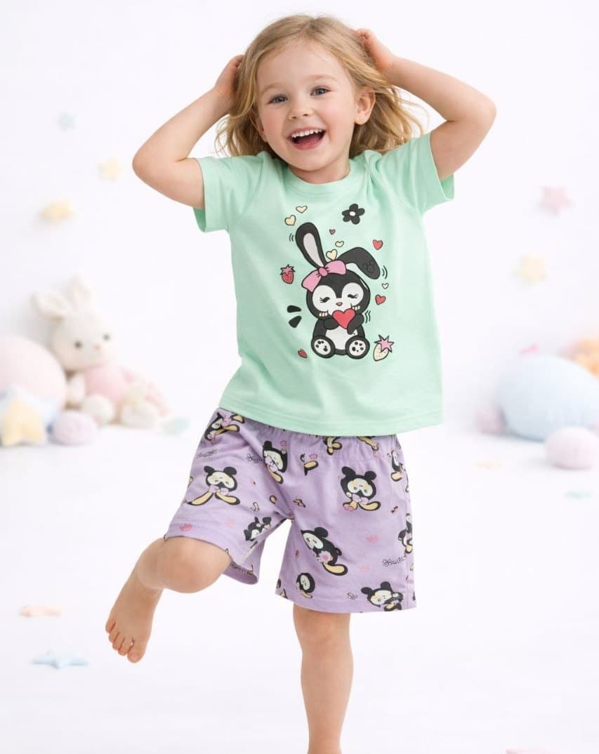 Girl in Bobonchik summer pyjamas with a bunny