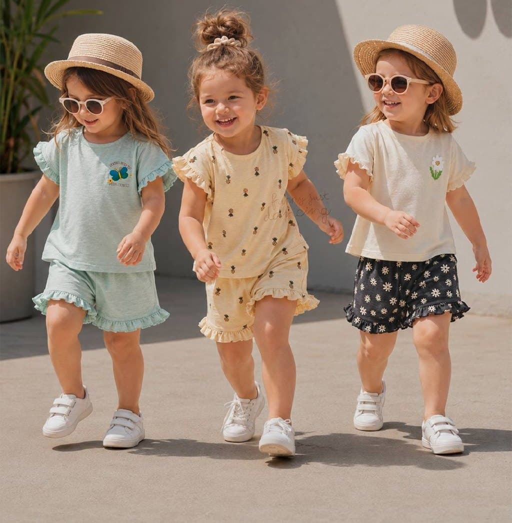 Three girls in Bobonchik summer sets on a walk